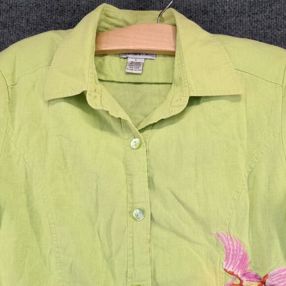 AKC Women's Button Up Shirt Green Large Short Sleeve Embroidered Shoulder Pads - Picture 3 of 14